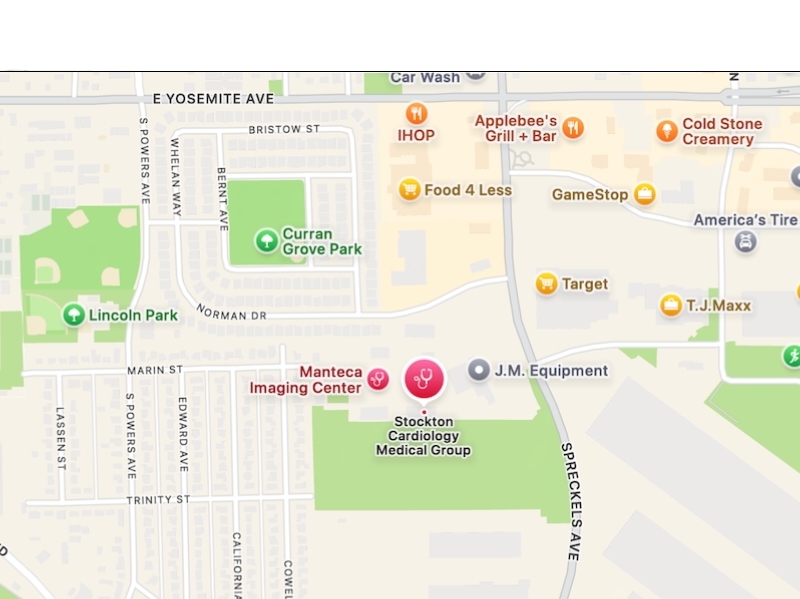 Image of a map showing the location of Stockton Cardiology Manteca, CA