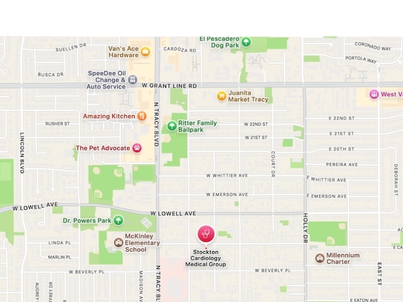 Image of a map showing the location of Stockton Cardiology Tracy, CA
